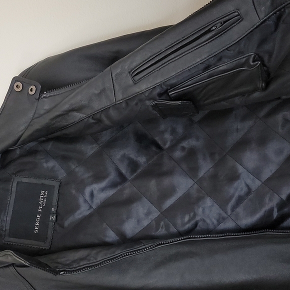Serge Platini Black Leather Moto Bomber Jacket Milan Italy M - Picture 13 of 13